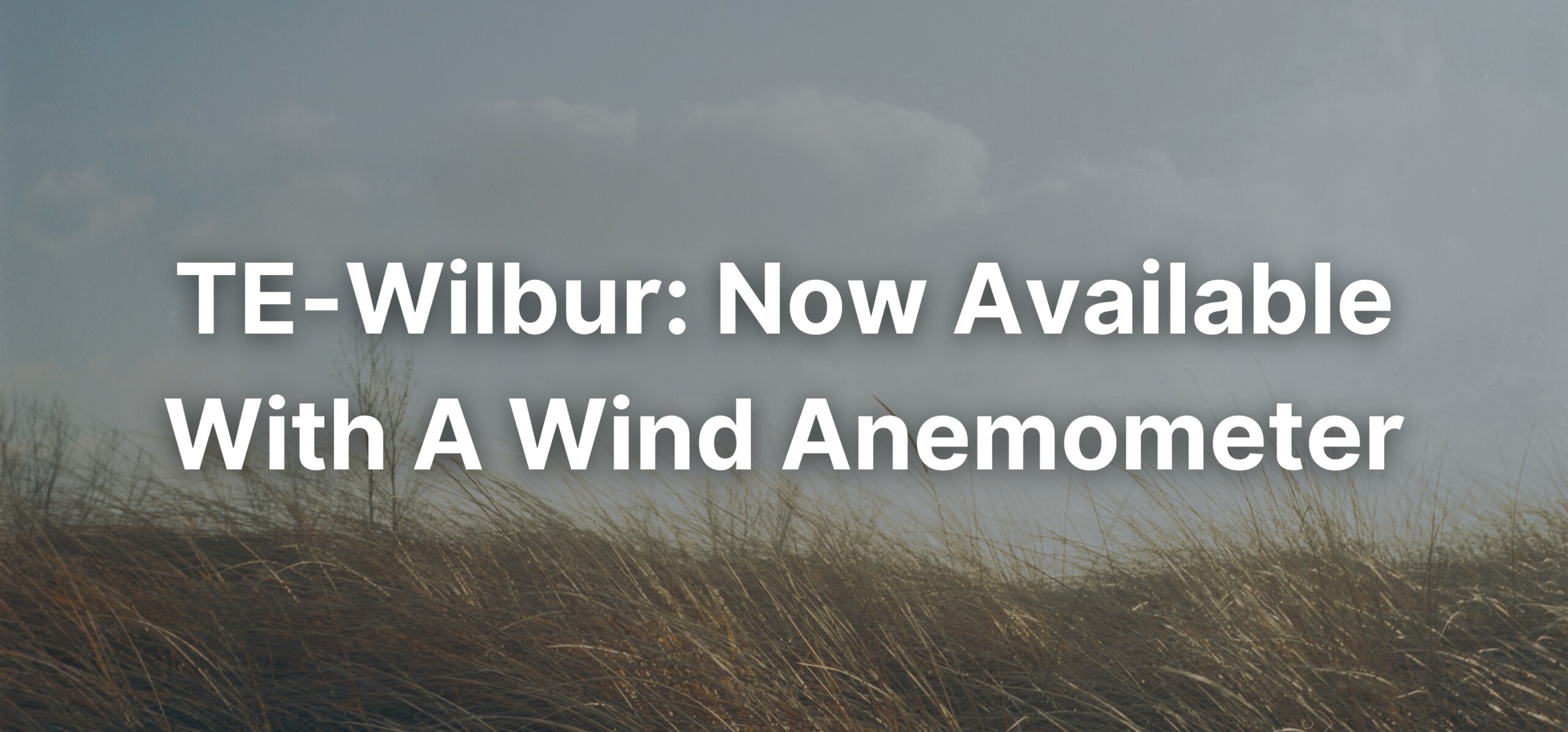 A graphic photo of a windy landscape with a text overlay stating, "TE-Wilbur: Now Available With A Wind Anemometer."