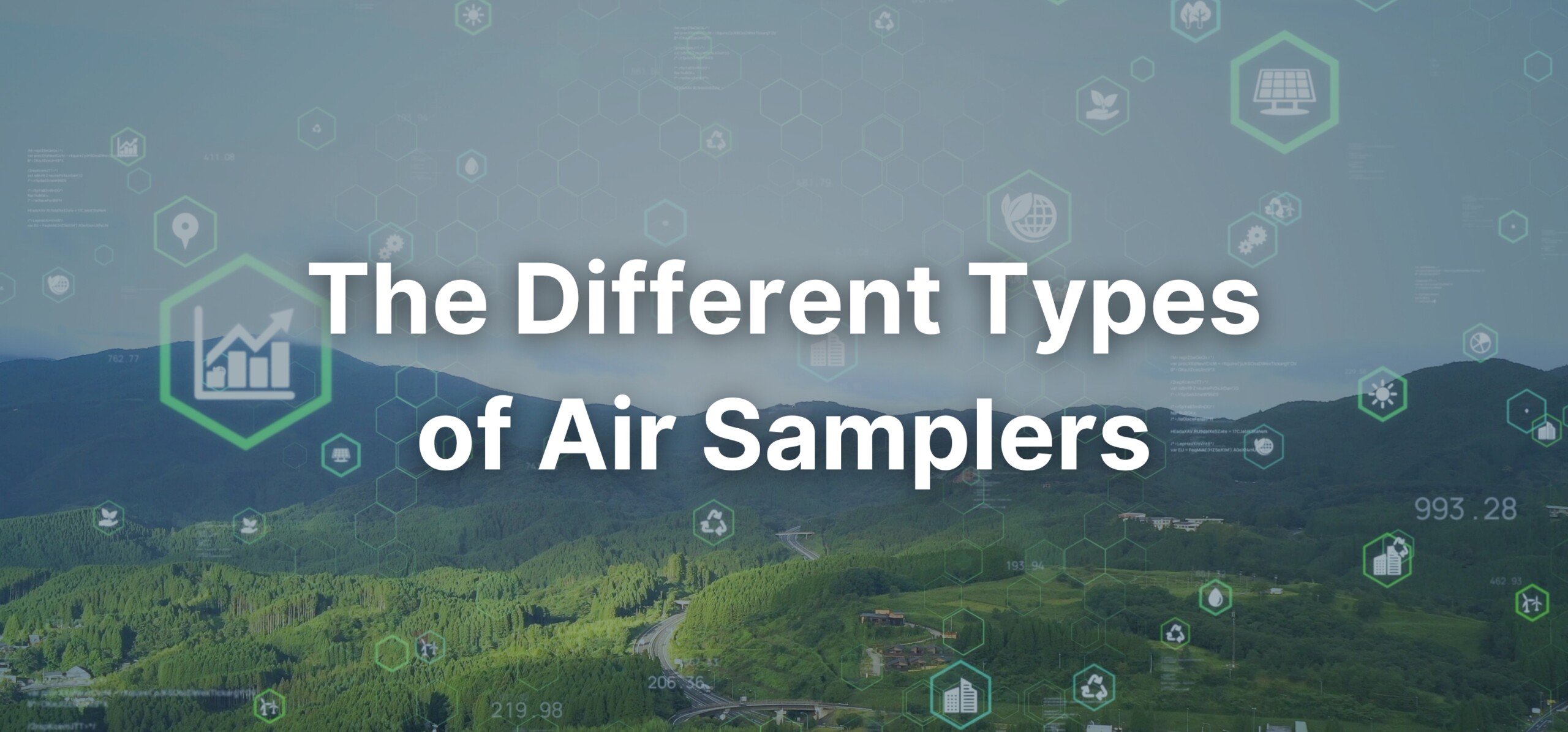 A landscape background with many small graphics depicting scientific and environmental topics, with a text overlay stating, "The Different Types of Air Samplers: A Complete Guide".