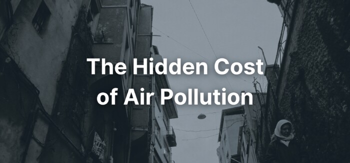 A city background with a text overlay stating, "The Hidden Cost of Air Pollution".
